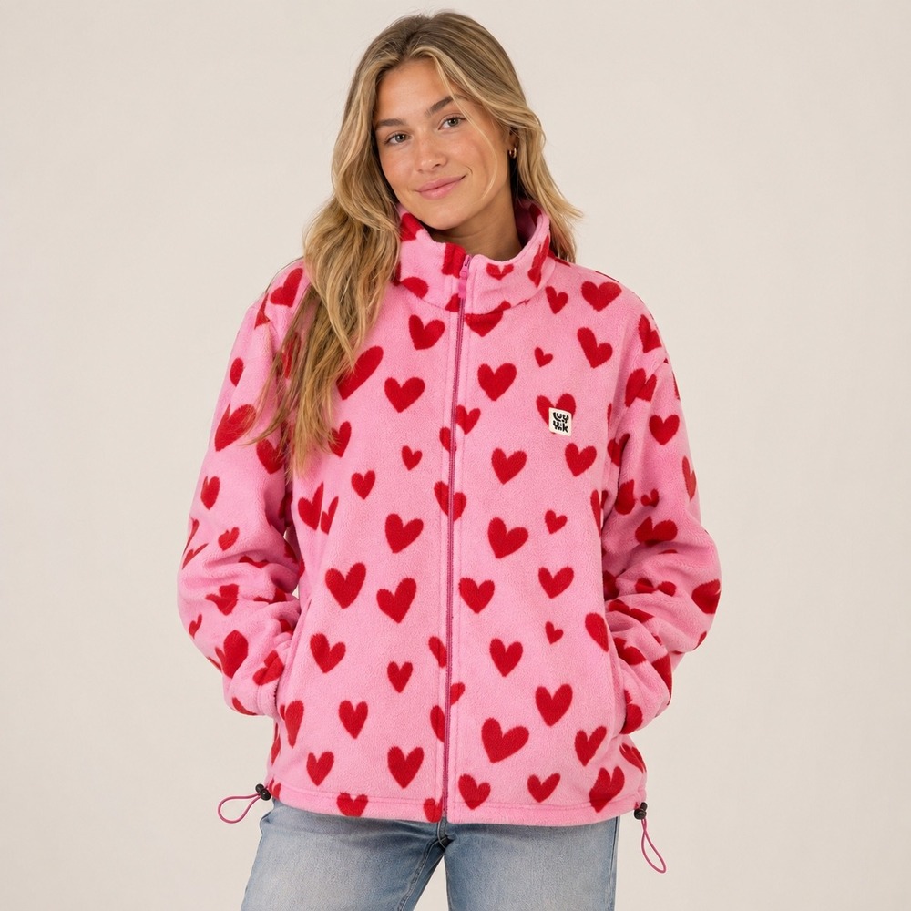 Lucy & Yak Stevie Fleece Cupid Pink Red Heart Jacket Full Zip Up Oversized Small